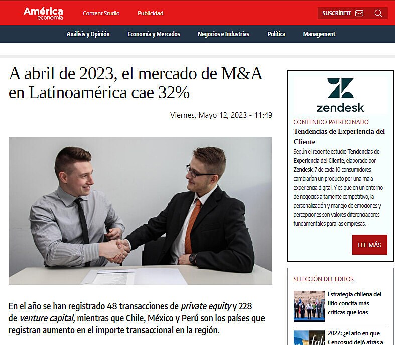 A abril de 2023, el mercado de M&A en Latinoamrica cae 32%